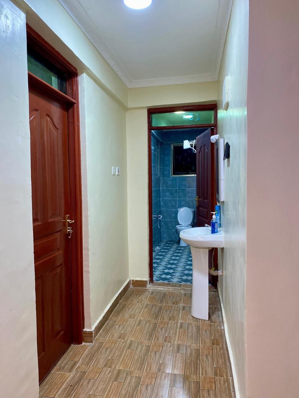 Un pasillo estrecho con una puerta de madera a la izquierda, un lavamanos blanco con espejo a la derecha, y una zona de ducha con azulejos azules al fondo.