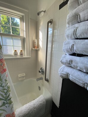 Hair dryer, towels, soap, toilet paper