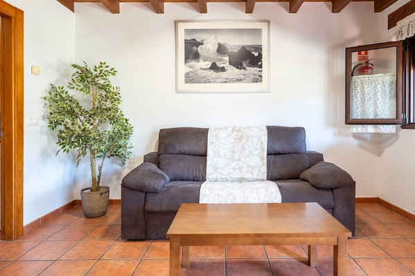A living room with a sofa, a coffee table, a potted plant, a framed picture, and a fire extinguisher.
