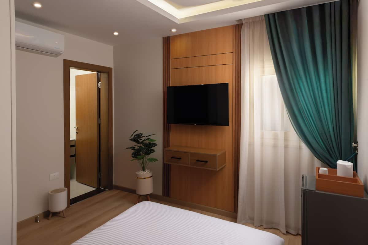 A modern hotel room with a large bed, a flat-screen TV mounted on a wooden panel, a small potted plant, and a window with sheer curtains.