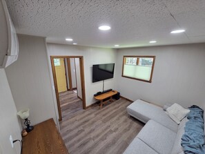 TV connectée, cheminée, livres, chaîne hi-fi