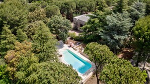 Vista aérea de una propiedad con piscina rodeada de árboles frondosos, un edificio de piedra y vistas a la costa.