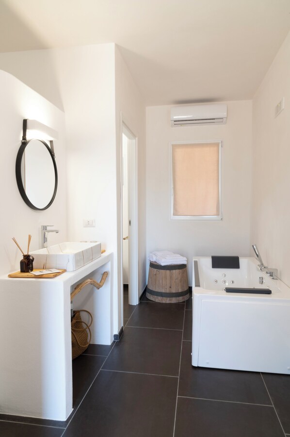 Shower, jetted tub, hair dryer, bidet