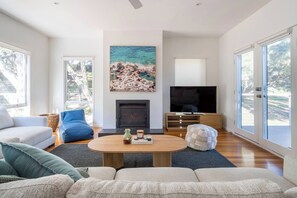 The fireplace in the living room is decorative only and not functional.