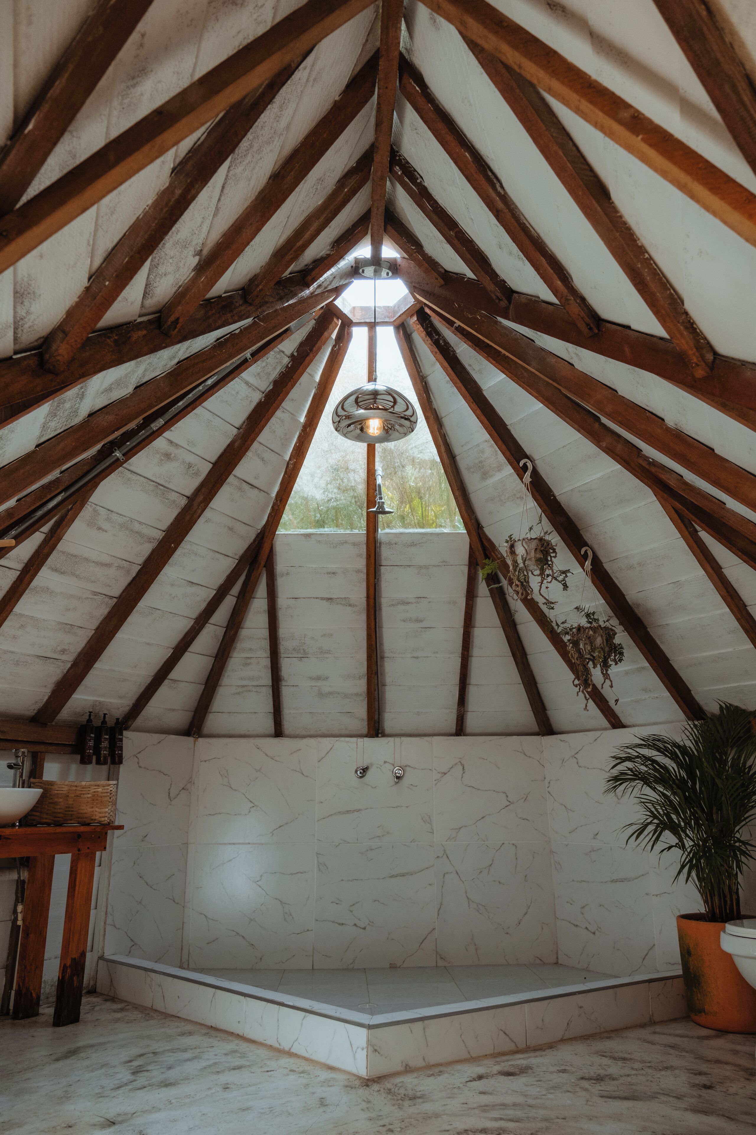 An attic bathroom with a sloped ceiling, a skylight, a sink, and a potted plant.