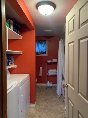 Hair dryer, towels, soap, shampoo