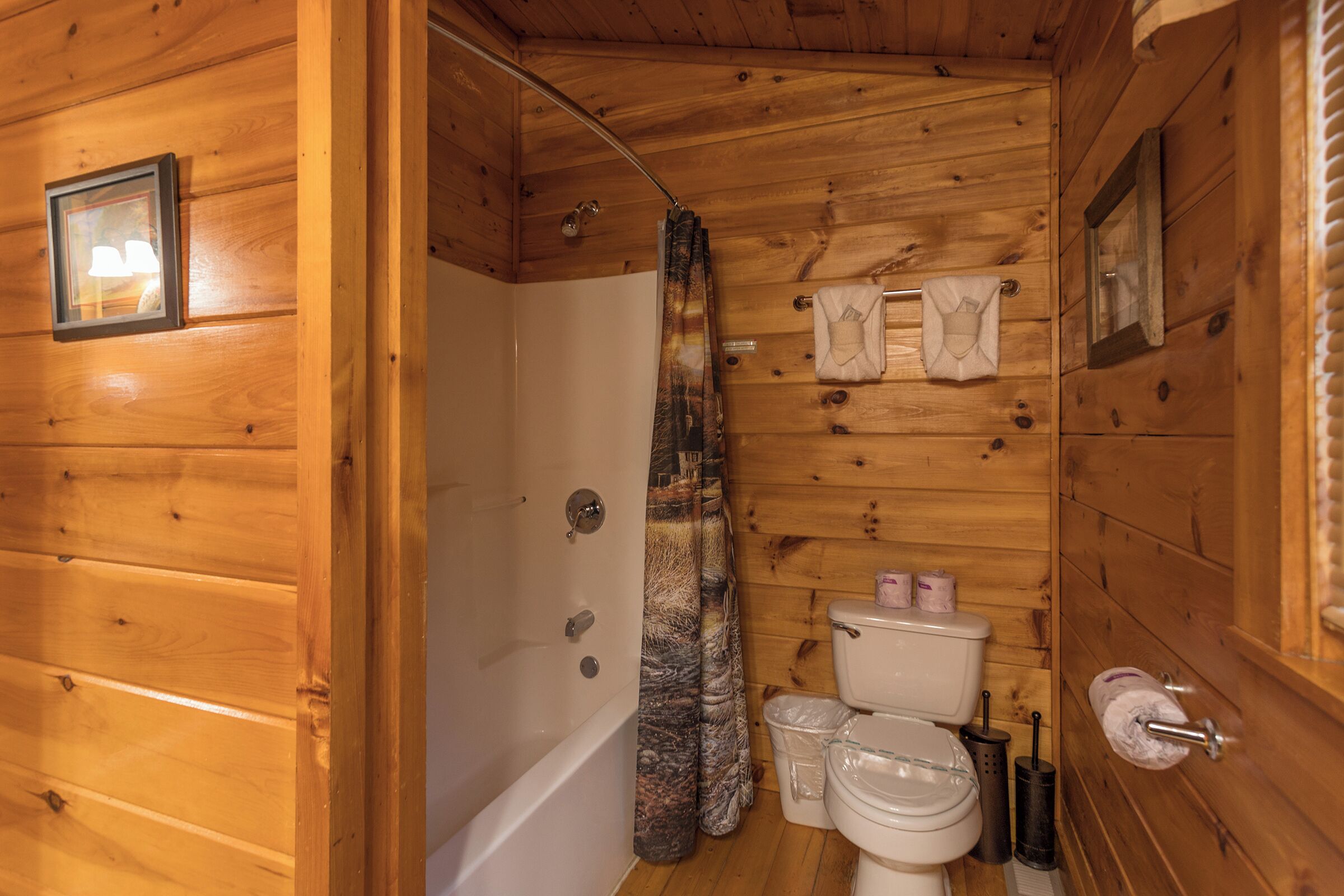 Baño de cabaña de madera con bañera, inodoro y cortina de ducha.