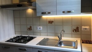 A modern kitchen with a gas stove, stainless steel sink, and a range hood. - Gian House - centro città (Rimini)