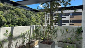 A rooftop garden with potted plants and a view of a modern building. - Bela Hospedagem -  303 Bauten Aurea  (João Pessoa)