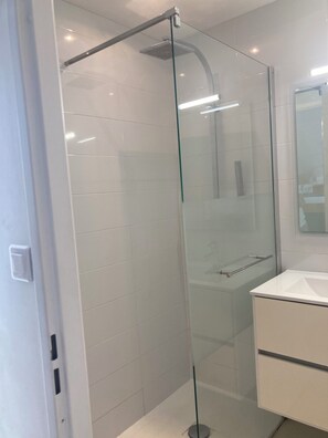 Dusche, Haartrockner, Seife, Toilettenpapier