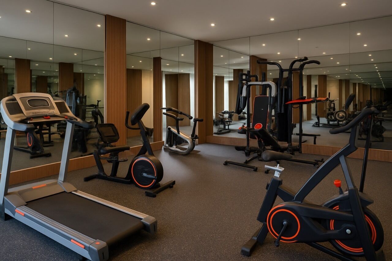 Uma academia moderna com máquinas de cardio, equipamentos de musculação e espelhos nas paredes.