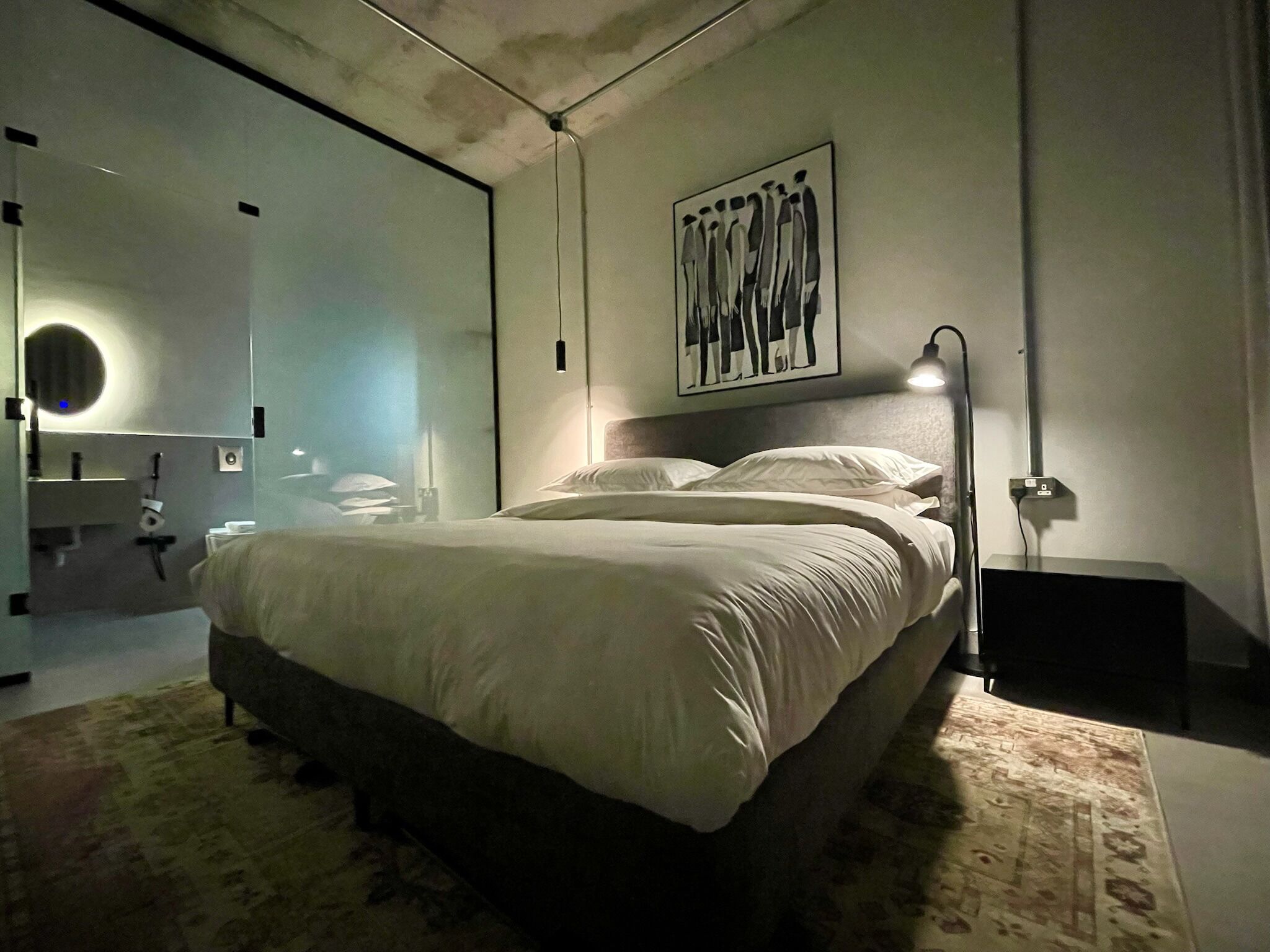 A modern bedroom with a large bed, a bedside table, a wall-mounted lamp, and a framed artwork above the bed.