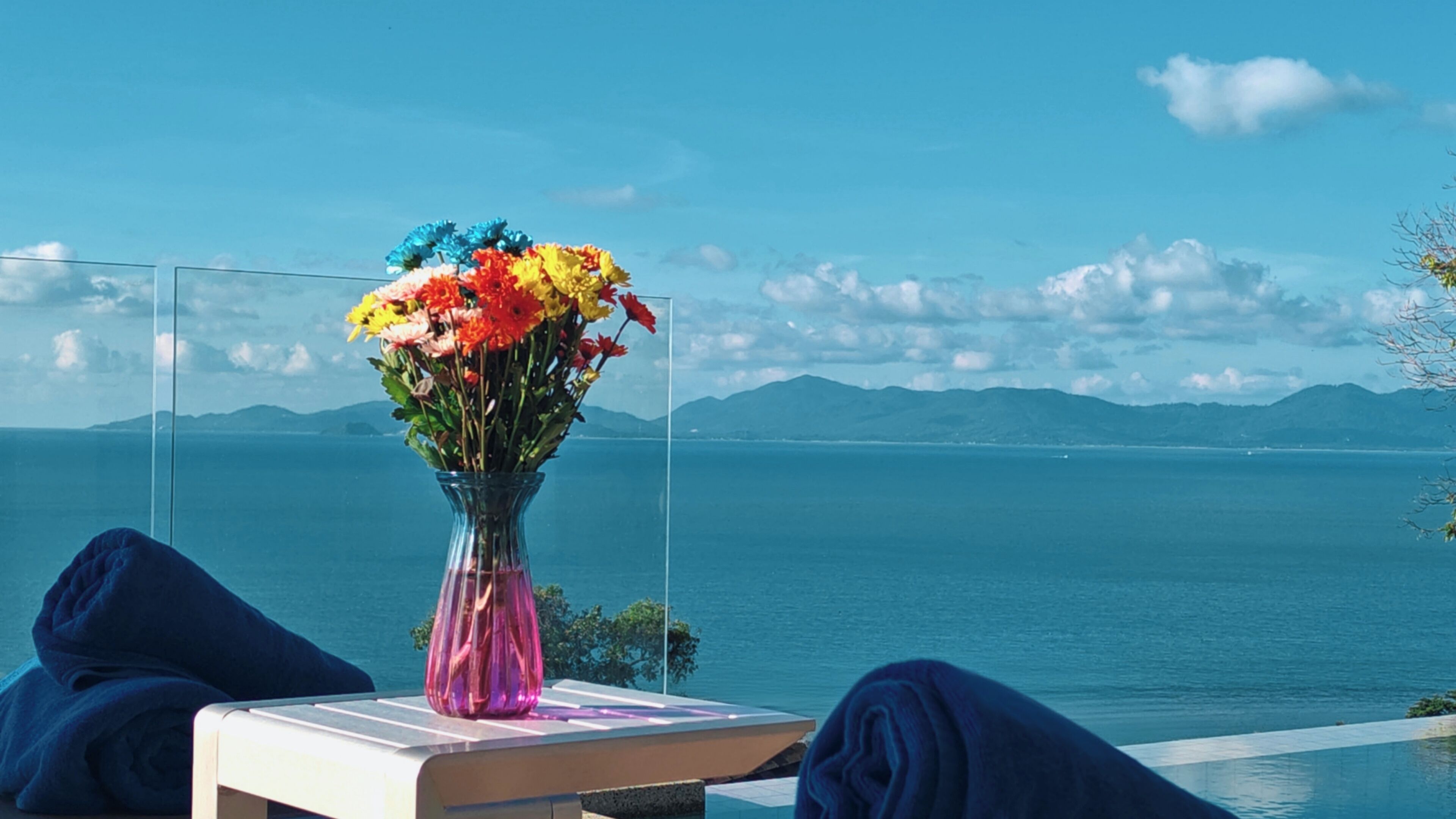 Vista despejada de un paisaje costero con montañas al fondo, una mesa de vidrio con un florero de flores coloridas y cojines azules en un banco.