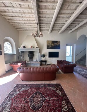 TV connectée, cheminée, livres