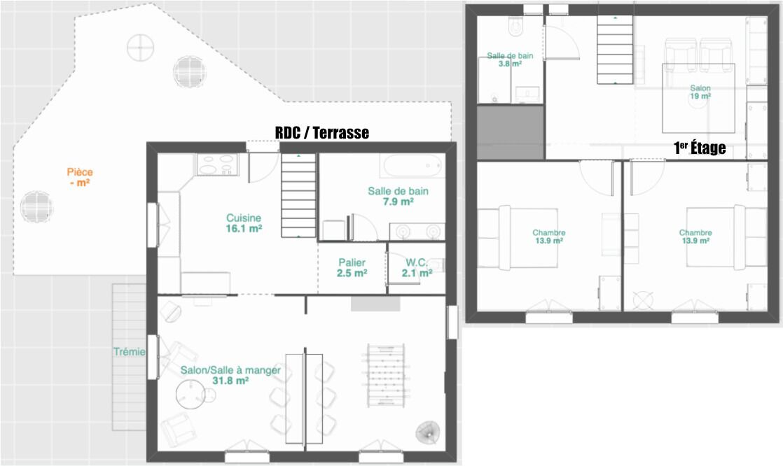 A floor plan of a hotel with a kitchen, dining area, bathroom, and two bedrooms.