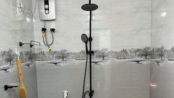 Hair dryer, towels, soap, toilet paper