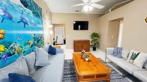 Luxury House, 3 Bedrooms, Garden View | Living area | 50-inch Smart TV with digital channels, toys, heated floors - BlockHaven near Legoland & Disney (Winter Haven)