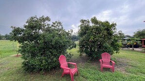Two red chairs positioned in front of dense green foliage, with a grassy area and a building in the background. - BlockHaven near Legoland & Disney (Winter Haven)