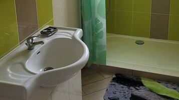 Shower, hair dryer, towels, toilet paper