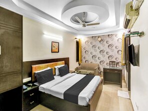 Desk, laptop workspace, blackout drapes, soundproofing