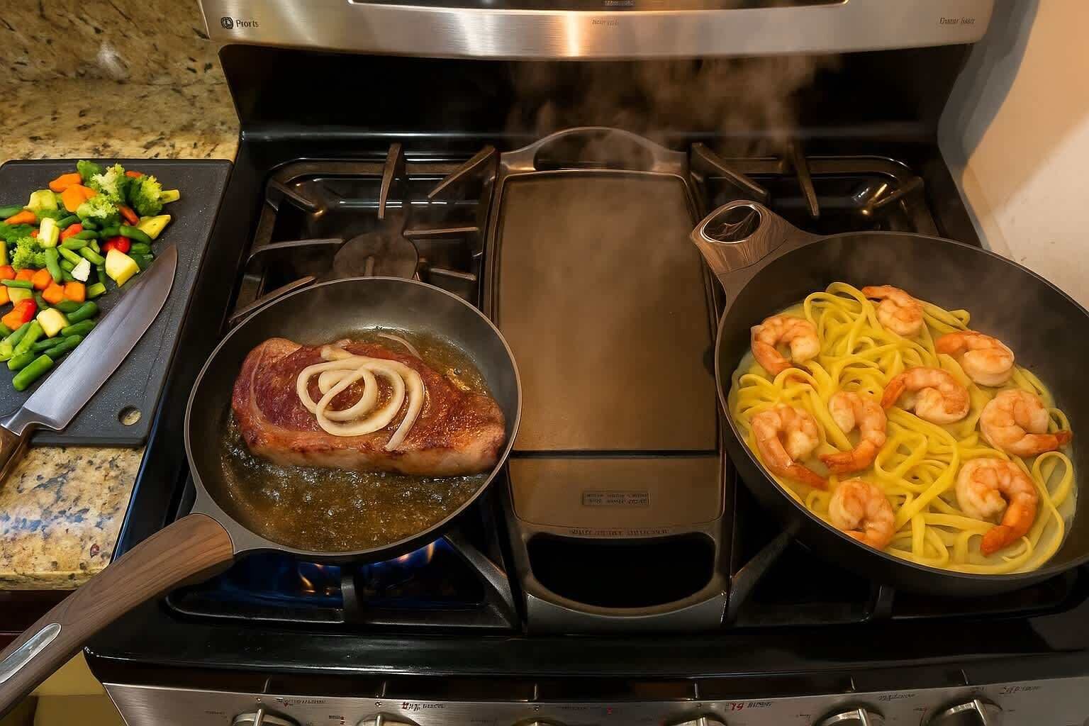 Een keuken met een fornuis, een pan met een steak, en een pan met pasta en garnalen.