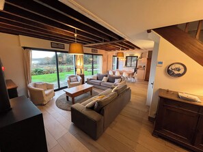 TV, fireplace, DVD player, books