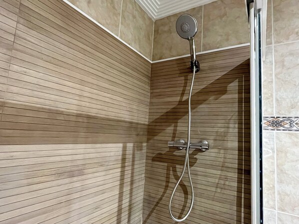 Une douche équipée d’un pommeau de douche à main et d’un flexible.
