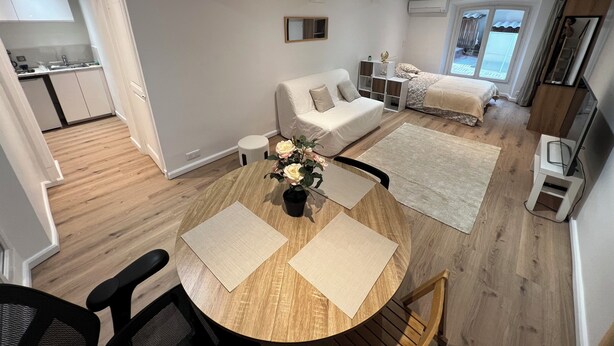 A modern apartment with a kitchen, a living area with a sofa and a bed, and a dining area with a table and chairs. - Large American Studio (Toulon)