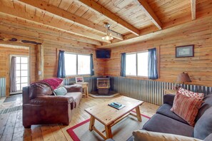 Smart TV, chimenea y libros 