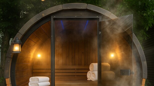 A sauna with a wooden interior, benches, towels, and a bucket.