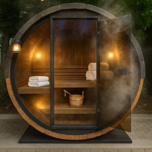 Eine Sauna mit Holzvertäfelung, Bänken, Handtüchern und einem Eimer.