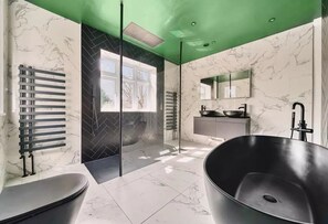 Shower, hair dryer, towels, soap