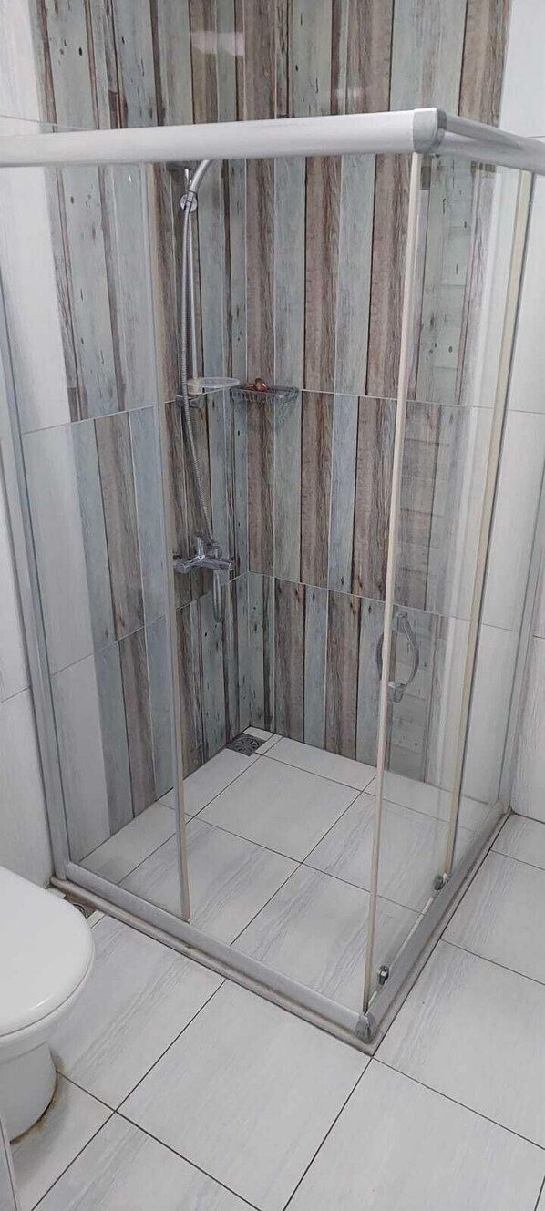 Ducha, secador de pelo, toallas, jabón