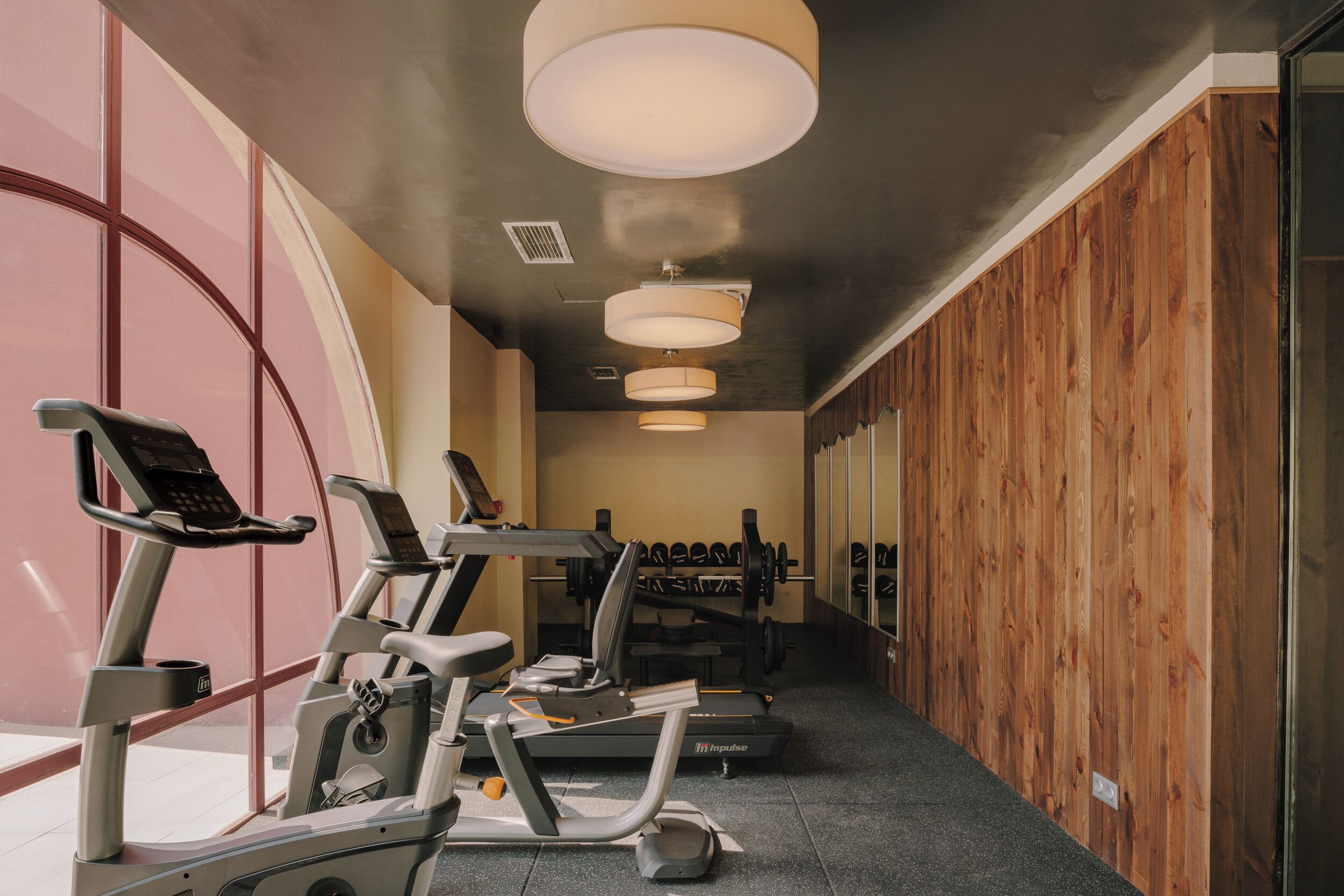 Un gimnasio con cintas de correr, elípticas y máquinas de pesas.