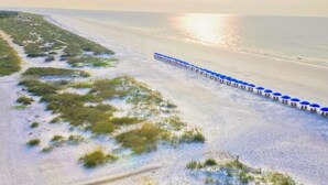 A beach with a long pier extending into the ocean, surrounded by grassy dunes.