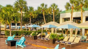 A rooftop pool area with lounge chairs and umbrellas, surrounded by palm trees and a building in the background.