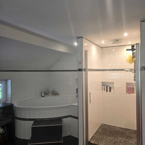 Hair dryer, towels, soap, toilet paper