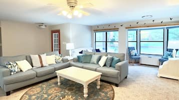 Smart TV, fireplace, books