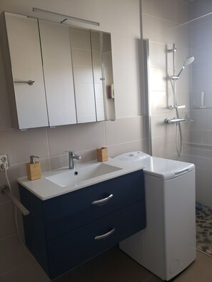 Shower, hair dryer, towels, soap