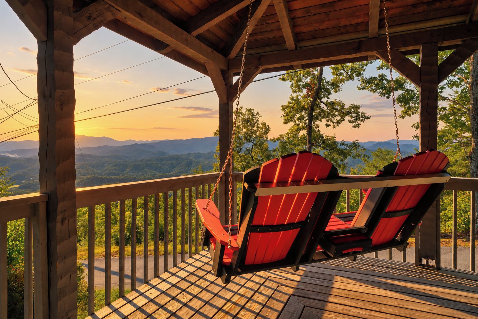 Eine Holzterrasse mit zwei roten Adirondack-Stühlen, einer Holzreling und Blick auf eine gebirgige Landschaft.