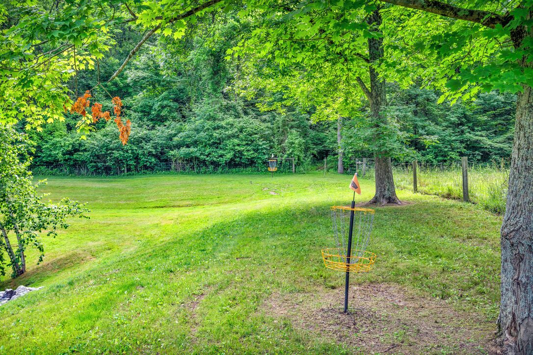 Ein Park mit Rasenfläche, einem Frisbeegolfkorb und einer Flagge.