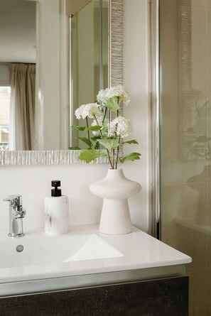 Douche, sèche-cheveux, serviettes fournies, savon