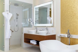 Shower, hair dryer, bidet, towels