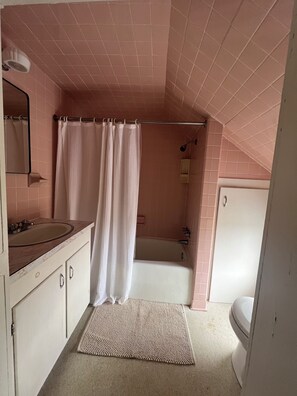 A bathroom with a bathtub, a toilet, and a sink.