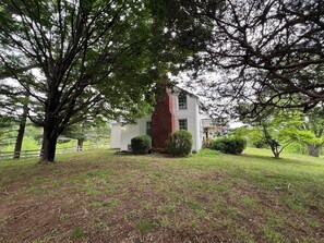 A two-story house with a brick chimney, surrounded by a grassy yard and trees.