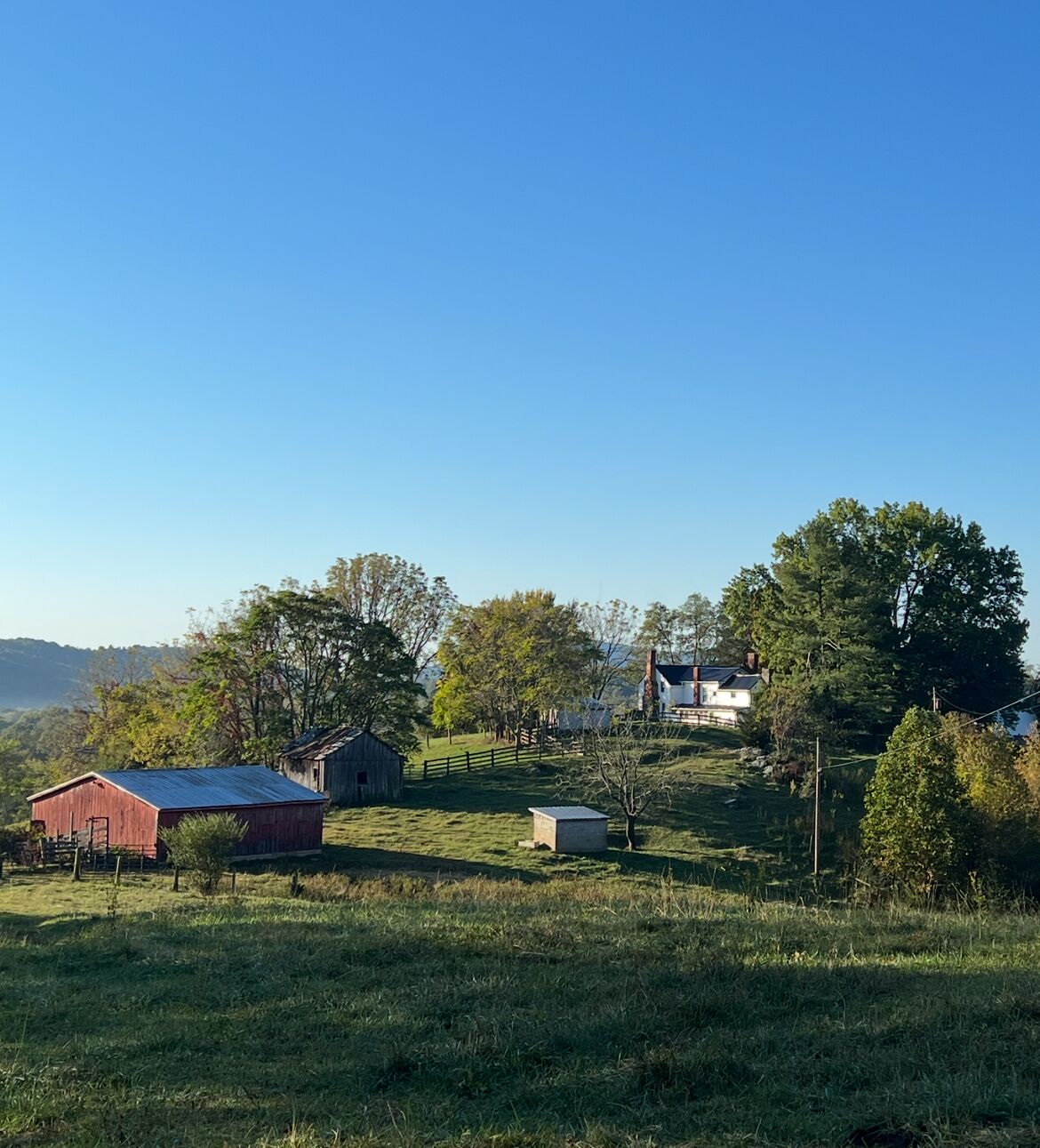 A rural landscape with a red barn, a white house, and a small shed.