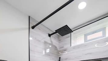 Shower, hair dryer, towels, shampoo