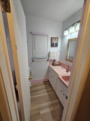 Secador de cabelo, toalhas de banho, sabonete, shampoo