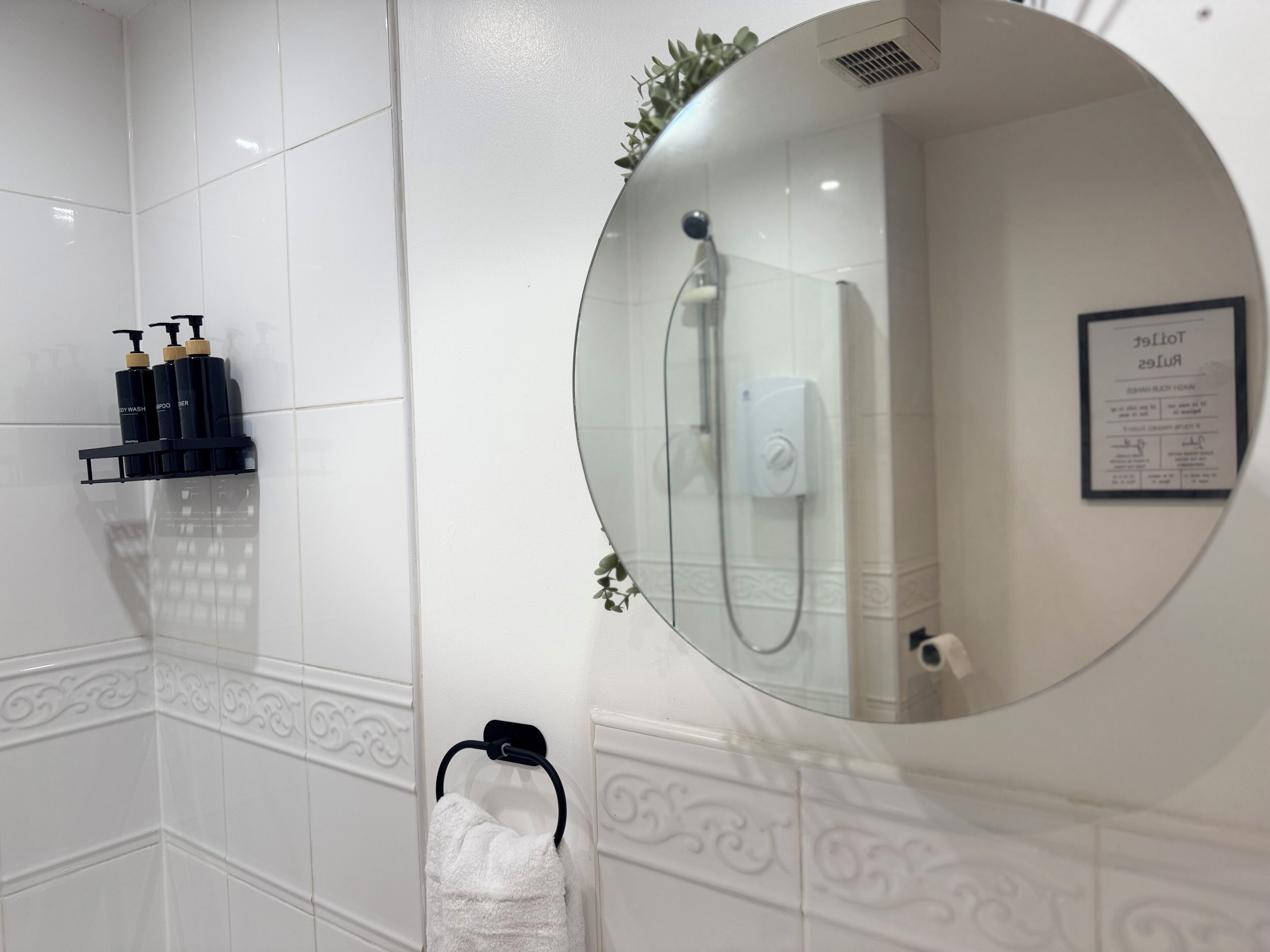 Hair dryer, towels, soap, shampoo