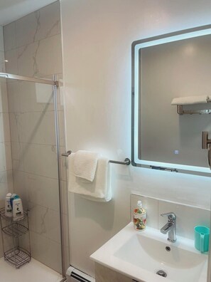 Douche, sèche-cheveux, serviettes fournies, savon